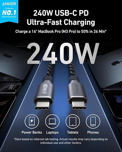 كابل Anker Prime USB-C إلى USB-C A88E2012 (6 أقدام، 240 واط مضفر مُعاد تدويره) أسود