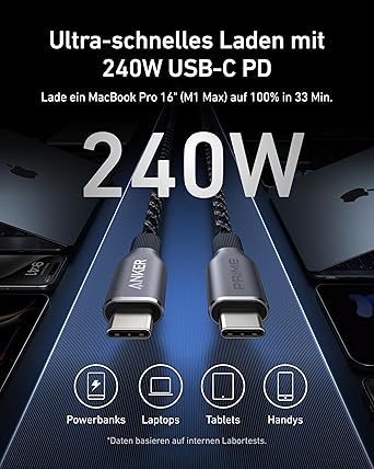 كابل Anker Prime USB-C إلى USB-C A88E2011 بطول 3 أقدام، 240 واط، أسود