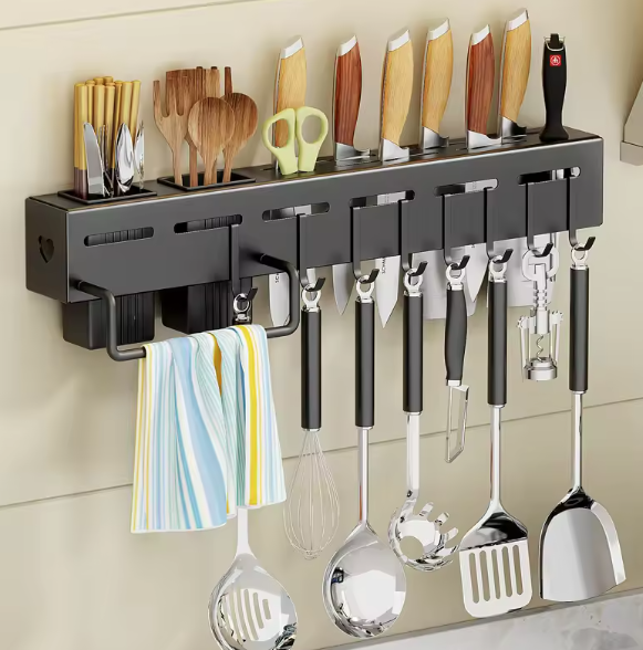 Wall-Mounted Kitchen Utensil Organizer – Stainless Steel Rack with Hooks & Knife Holder - Astro Store