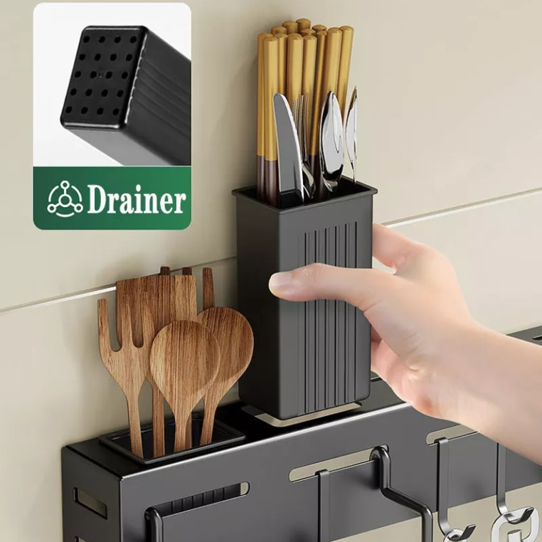 Wall-Mounted Kitchen Utensil Organizer – Stainless Steel Rack with Hooks & Knife Holder - Astro Store