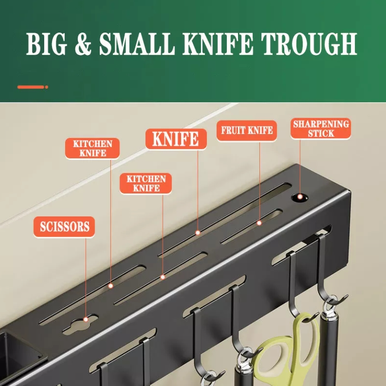 Wall-Mounted Kitchen Utensil Organizer – Stainless Steel Rack with Hooks & Knife Holder - Astro Store