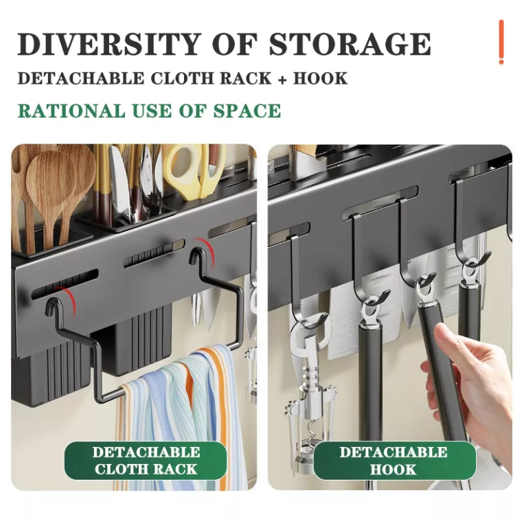 Wall-Mounted Kitchen Utensil Organizer – Stainless Steel Rack with Hooks & Knife Holder - Astro Store