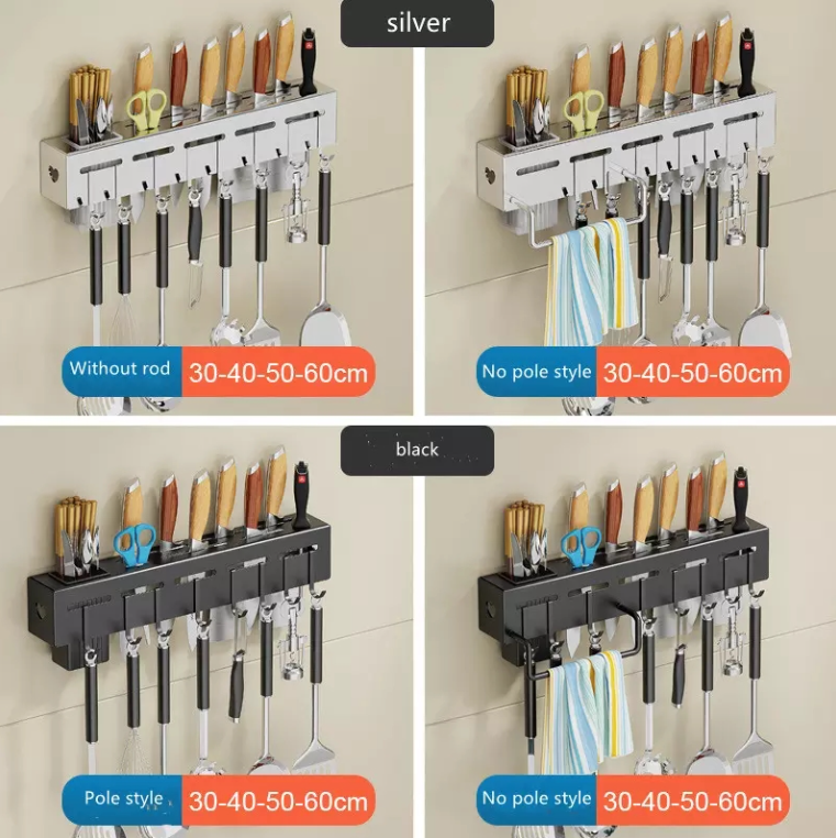 Wall-Mounted Kitchen Utensil Organizer – Stainless Steel Rack with Hooks & Knife Holder - Astro Store