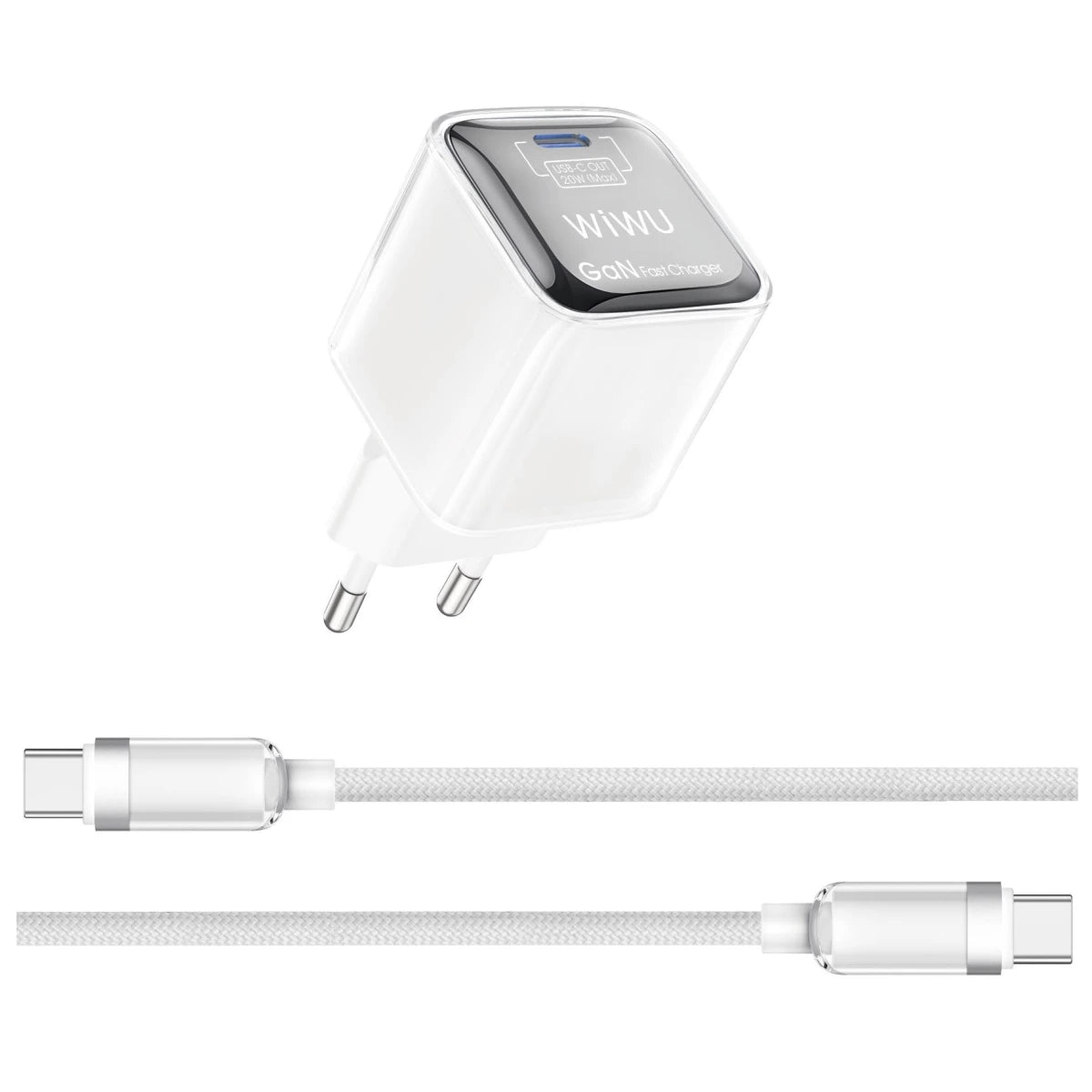 شاحن WIWU Jello Wi-U030 GaN سريع الشحن بمحول USB-C بقوة 20 وات + كابل Type-C - أبيض