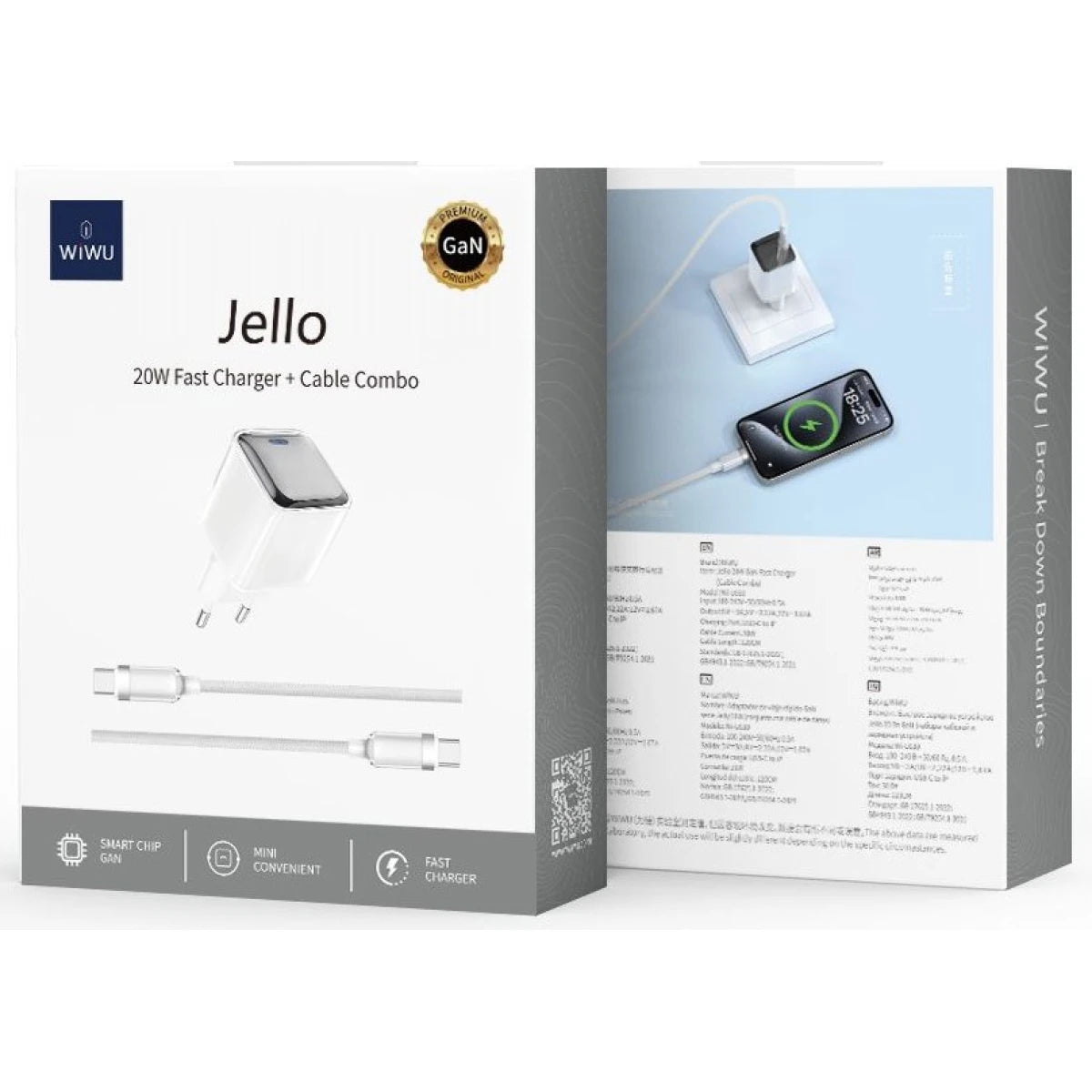 شاحن WIWU Jello Wi-U030 GaN سريع الشحن بمحول USB-C بقوة 20 وات + كابل Type-C - أبيض