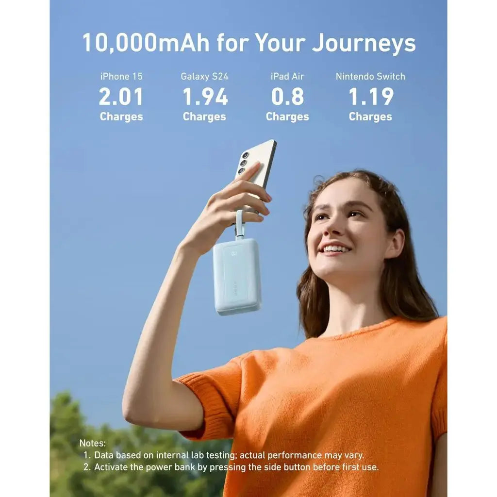 باور بانك أنكر زولو، 10000 مللي أمبير/ساعة، 30 واط، مع كابلات USB-C وLightning مدمجة، A1680