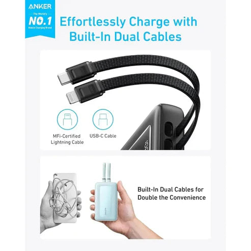باور بانك أنكر زولو، 10000 مللي أمبير/ساعة، 30 واط، مع كابلات USB-C وLightning مدمجة، A1680