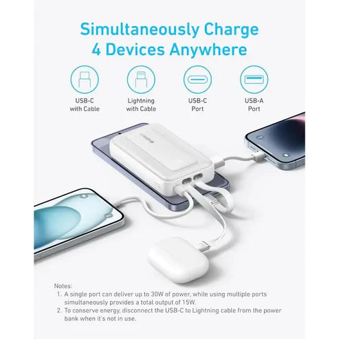 باور بانك أنكر زولو، 10000 مللي أمبير/ساعة، 30 واط، مع كابلات USB-C وLightning مدمجة، A1680