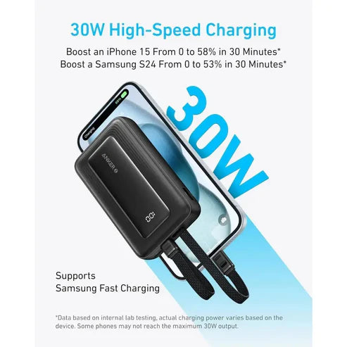 باور بانك أنكر زولو، 10000 مللي أمبير/ساعة، 30 واط، مع كابلات USB-C وLightning مدمجة، A1680